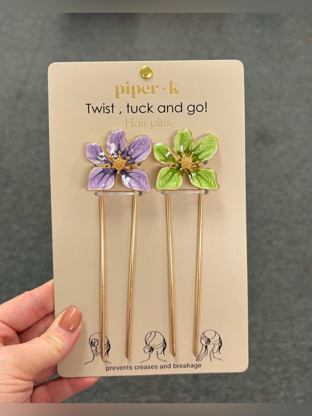 Piper K Floral Gold-Tone Hair Pins- Purple and Green